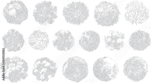 Fifteen circular abstract patterns resembling tree canopies or cellular structures in grayscale line on a white background