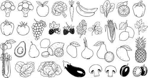 Black and White Line Art Illustrations of Assorted Fruits and Vegetables