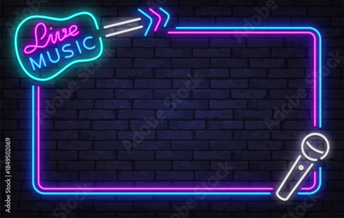 Colorful neon vector frame with live music sign, arrows, and microphone icon. Perfect for concert posters, club events, and nightlife announcements.