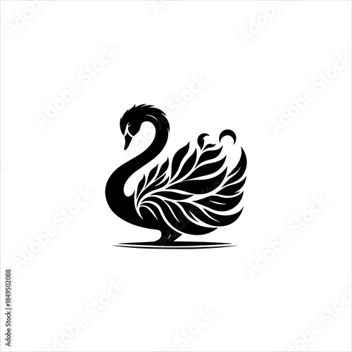 Swan silhouette displayed as a clean black vector emblem design. Elegant animal icon concept