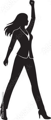 Businesswoman silhouette raising her fist in the air to show strength