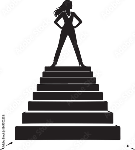 Businesswoman stands atop stairs symbolizing achievement and success in her career path