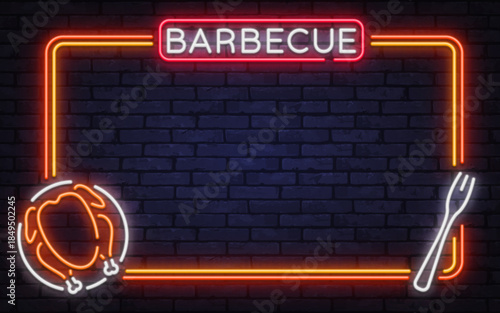 Classic neon vector frame with barbecue sign, chicken icon, and grilling fork. Great for restaurant menus, street food visuals, and night branding.