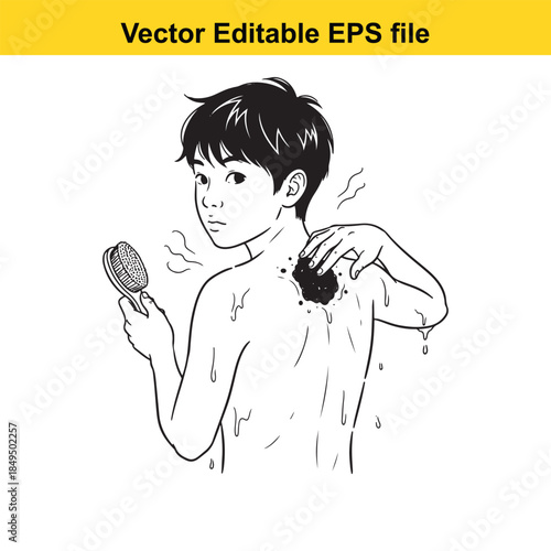 vector illustration of a boy with short hair holding a comb and scratching his back with a concerned expression on a white background
