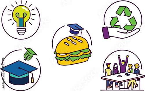 Vector illustration of a cartoon set of Easter and Christmas food icons featuring a burger, pizza, coffee cup, and cake symbol for a restaurant menu sign