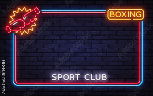 Dynamic neon vector frame with boxing sport club text and striking glove graphic. Great for fitness campaigns, competition banners, and athletic branding.