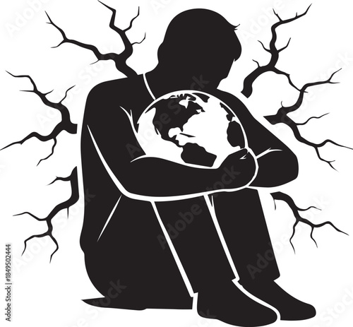 Sad man holding earth silhouette surrounded by broken branches vector art