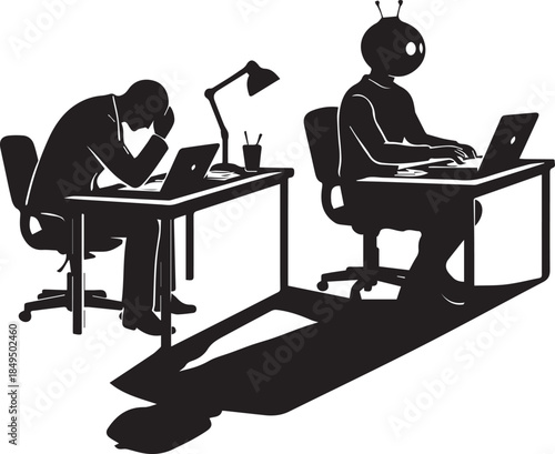 Human and robot working at desks concept of automation replacing people at work