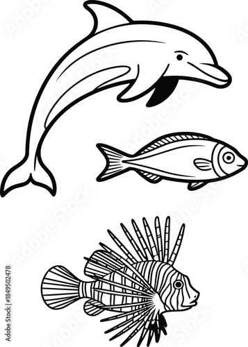 Black and white of dolphin fish and lionfish marine life