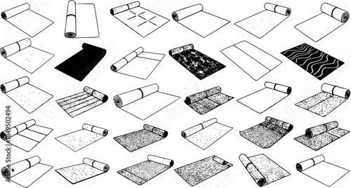 Diverse Yoga Mats Rolled and Unrolled, Black and White Line Drawings, Fitness and Wellness Collection