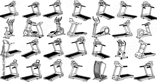 Fitness Gym Equipment Line Art Set. Collection of Black and White Outline Treadmills, Elliptical Trainers, and Exercise Bikes for Sport, Health, and Workout Vector Designs.