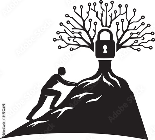 Person pushing circuit board tree with lock symbolizing online safety digital security