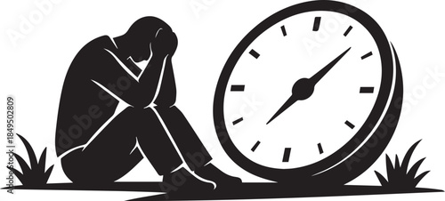 Depressed man sitting with clock symbolizing feeling overwhelmed by time pressure