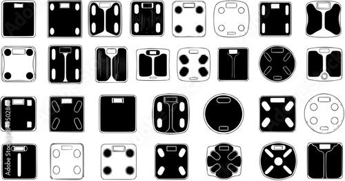 Diverse Collection of Bathroom Scale Designs, Top View, Black and White Silhouettes