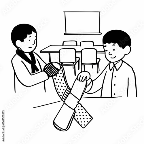 Children Helping with Bandage Kindness Line Art Vector Illustration