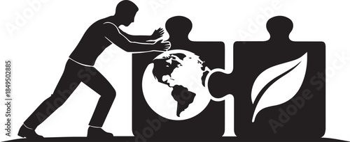 Man pushing puzzle pieces to connect planet for environment and ecology