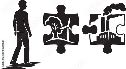Silhouette man with jigsaw puzzle clean energy and polluting factory emissions