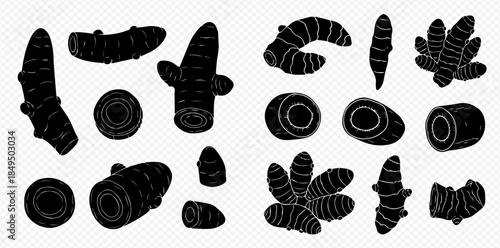 Set of black silhouettes of turmeric root and sliced pieces, vector illustration isolated on white background.