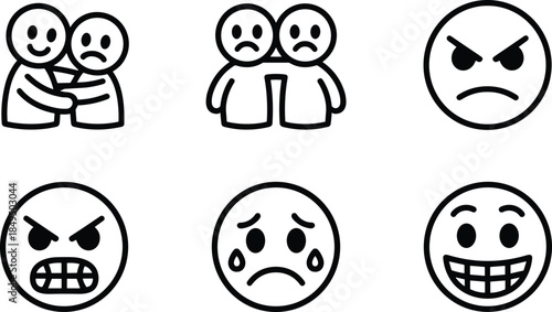 Five black and white emoji faces showing different emotions