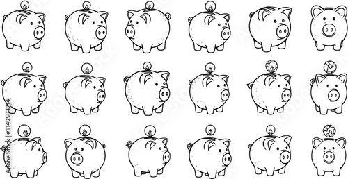 Black and White Drawing of Various Piggy Banks with Coins in Different Poses