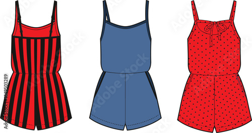 Stylish women's sleeveless rompers with stripes, polka dots, and solid colors, trendy summer fashion, fitted waist, square neckline, casual outfit illustration