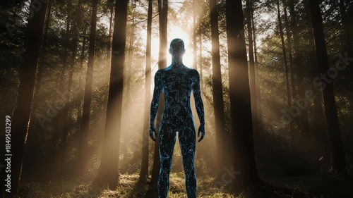 A luminous humanoid figure stands in a sunlit forest clearing