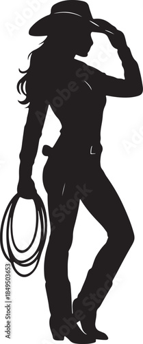Cowgirl Silhouette with Hat and Rope Western Female Figure Illustration