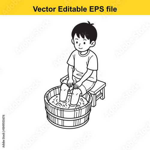  a black and white illustration of a boy sitting on a bench washing his feet in a wooden bucket