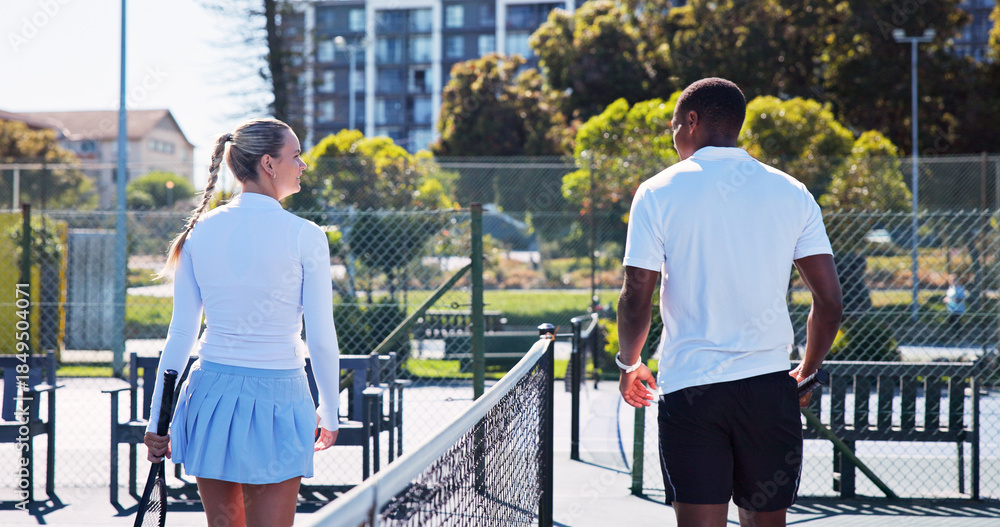 Fototapeta premium Fitness, friends and chat outdoor with tennis racket for wellness, match or competition practice. Active, people or athletes on court with equipment for game plan, sports discussion or start workout.