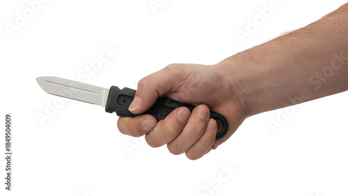 Hand Holding Sharp Folding Knife with Black Handle and Silver Blade Close-up Photography Isolated on Transparent Background