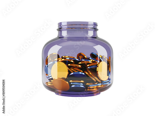 Purple Glass Jar Filled with Gold and Bronze Coins 3D Rendering Isolated on Transparent Background
