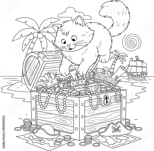 Cute Pirate Cat with Treasure Chest Coloring Page Illustration, Cartoon Kitten Exploring Gold Coins, Crowns and Pearls on Tropical Island Line Art