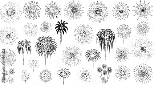 Collection of Diverse Hand-Drawn Firework and Pyrotechnic Illustrations