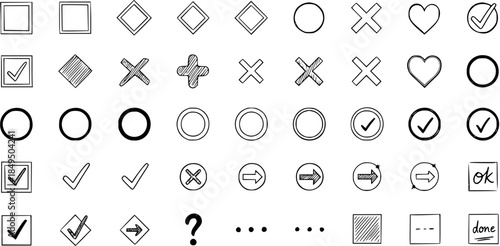 Hand-Drawn Icons: Checkmarks, Crosses, Circles, Hearts, and More in a Simple Doodle Style