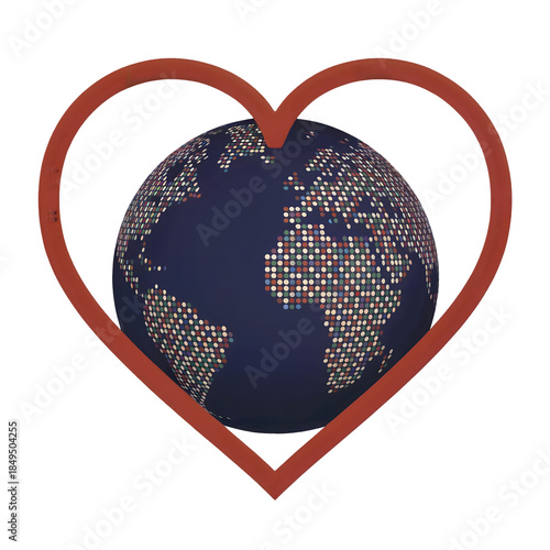 Vector Illustration of Earth Globe in Heart Shape with Dotted Map Details Isolated on Transparent Background