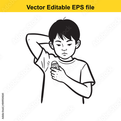  vector illustration of a boy applying deodorant or antiperspirant in a simple black and white style