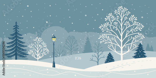 Snowy winter landscape with lamppost and trees under snowfall