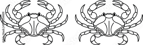 Two black and white crab with names inside line seafood