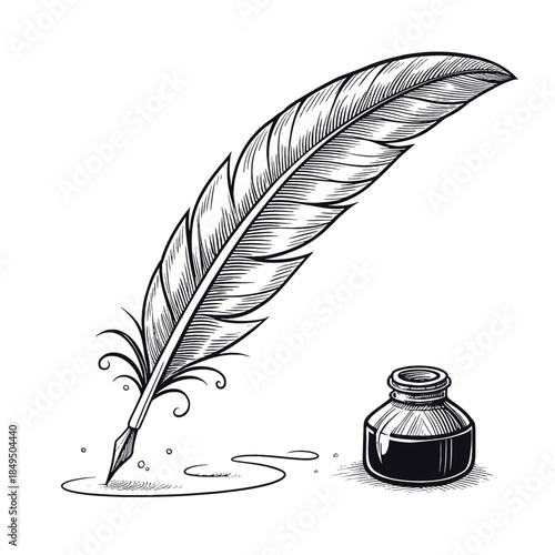 A quill pen and inkwell sit in darkness, ready for creative writing