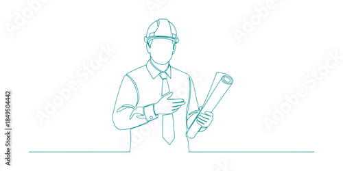 This is a one-line vector illustration of an engineer with blueprints, all on a white background.
