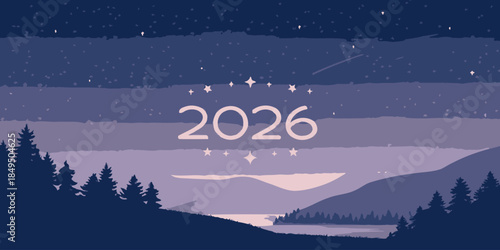 Futuristic night landscape with stars and trees for 2026