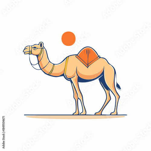 Camel in desert with sun
