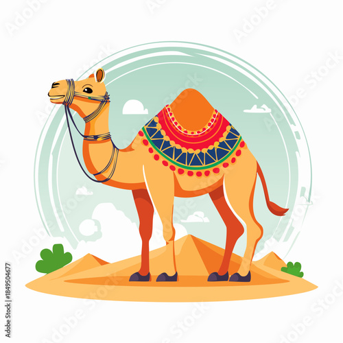 Camel with decorative saddle in desert