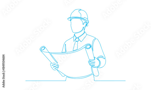 A continuous one-line drawing of an engineer holding blueprints on a white background.
