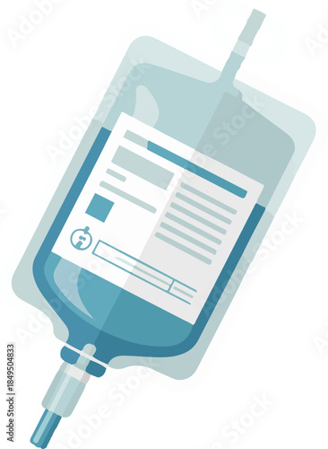 Medical intravenous drip bag with clear fluid and label, healthcare fluid transfusion bag for patient care, isolated on transparent background