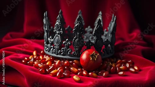 infamy. Obsidian crown and pomegranate seeds on crimson velvet in dramatic lighting. event programs, museum guides, designed for cultural heritage projects and event programs.