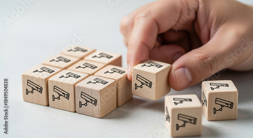 Remote Proctoring System A human hand positions wooden cubes with camera icons, representing the conceptual framework for securely monitoring online exams and strategic development