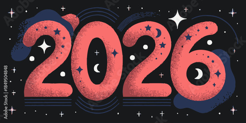Vibrant 2026 typography with celestial elements on dark background