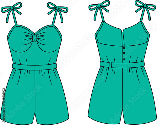 Teal romper front and back view, bow-tied spaghetti straps, sweetheart neckline, central bow detail, belted waist, button back, fashion illustration, garment sketch