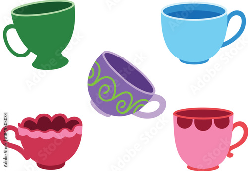 Colorful teacup cartoon illustration set, decorative tea cup vector icons, ceramic drinkware design, cozy beverage artwork, vintage kitchen decor elements